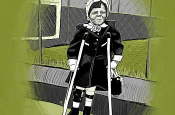A person wearing a headscarf, dark coat, and medical leg braces stands on crutches in front of a wire fence and a grassy area, holding a small handbag