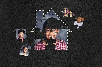 A child’s school portrait photo is assembled like a jigsaw puzzle within the outline of a house. Several puzzle pieces are missing or scattered, showing different childhood photos, suggesting separation or fragmentation.