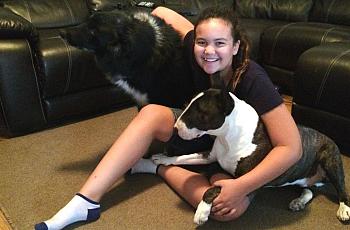 Eleven-year-old Faith Herrod, recovering from valley fever, plays with Moses, Ninja and her other four pets when she has the energy for it. (Kerry Klein/Valley Public Radio)