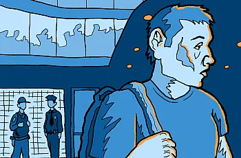 An illustration of a person with a bag with people behind them