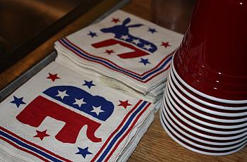 Republican and Democrat party cups and napkins