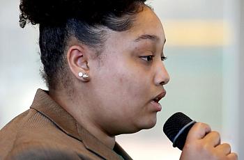 Corrin Cooper, 16, speaks to various leaders in the community at League Park in Cleveland, OH, Monday, April 30, 2018. Cooper is