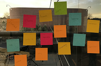  We asked meeting attendees to describe their experience with mental health in one word and put it on the Post-it note. Above, n
