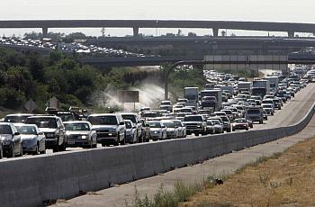Traffic at the 41 and 180 freeway interchange in Fresno, California.