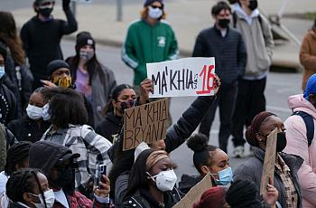Students and demonstrators march to protest the killing of MaKhia Bryant, 16, by the Columbus Police Department
