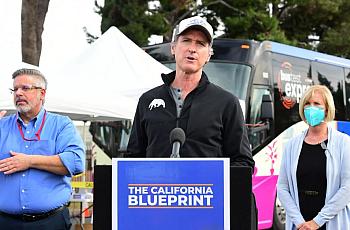 California Gov. Gavin Newsom briefs the media on his proposed budget in mid-January. 