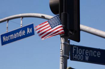 The intersection of Florence and Normandie in Los Angeles, a flashpoint for the 1992 riots sparked by the police acquittals in t