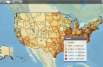 A map showing variation in hospital admissions per 1,000 decedents during the last six months of life. (Credit: Dartmouth Atlas)