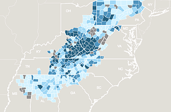 A density map of drug overdose deaths in Appalachia. (NORC/University of Chicago)