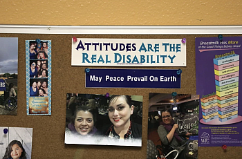 A bulletin board inside Dr. Marie Flores’ office at an AltaMed clinic in Pico Rivera features the words “Attitudes are the Real 