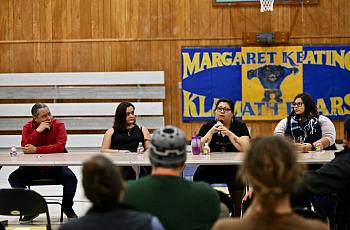 Josh Norris, Brigette Norris, Georgiana Gensaw and Aristea Saulsbury speak about food access in the native community of Klamath.
