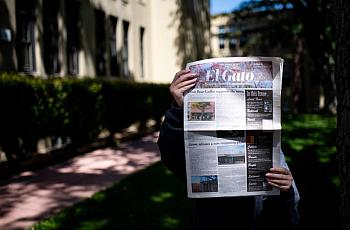 Alaina Fox holds a copy of El Gato, the student newspaper of Los Gatos High School, at the school campus in Los Gatos on July 21