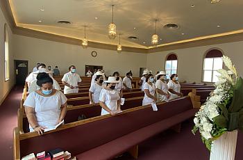 Members of the Fourth Samoan Congregational Christian Church of Long Beach worship on Sept. 5, 2021.