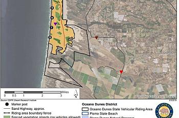 A map of the Oceano Dunes State Vehicular Recreation Area shows locations in green that would be fenced off from off-road riding