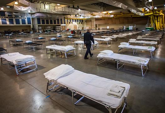 hospital beds in a warehouse