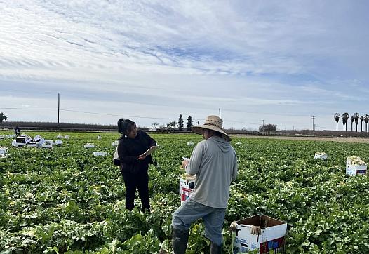 An organizer in a field and sunhat conducts outreach among farmworkers in California. 
