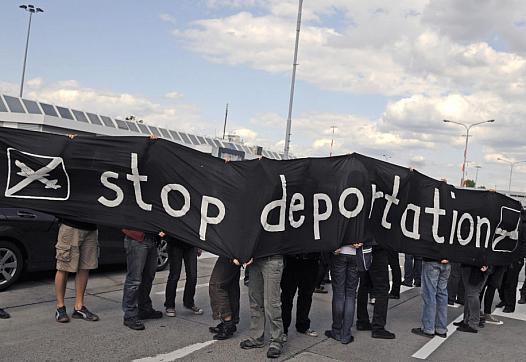 People with banner