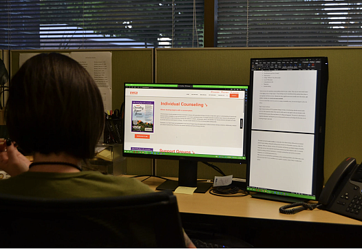 Person seated in front of a 2 monitors