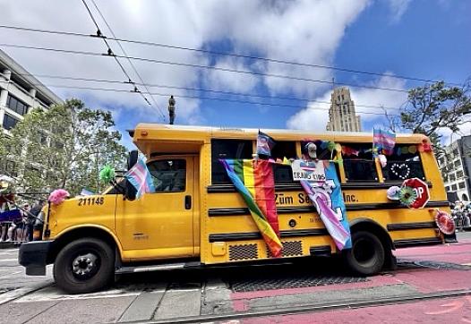 School bus with flags attached