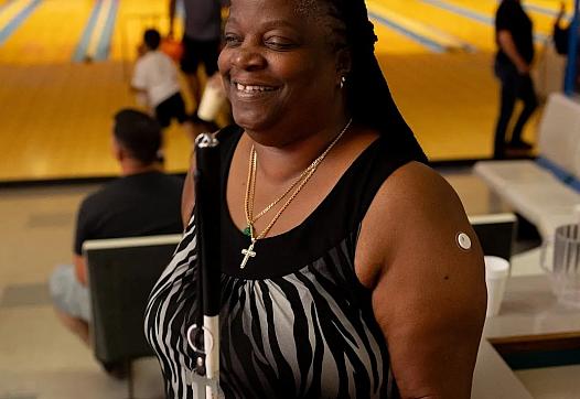 A woman with a cane