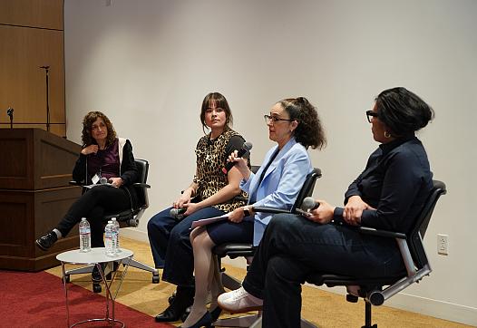 Dr. Eva Perusquía speaks to reporters at the 2025 California Health Equity Fellowship on a panel on immigrant health that included Los Angeles Times reporter Andrea Castillo, at left, and Luz Gallegos, executive director of the TODEC Legal Center, at right. Michelle Levander, far left, moderated the discussion.