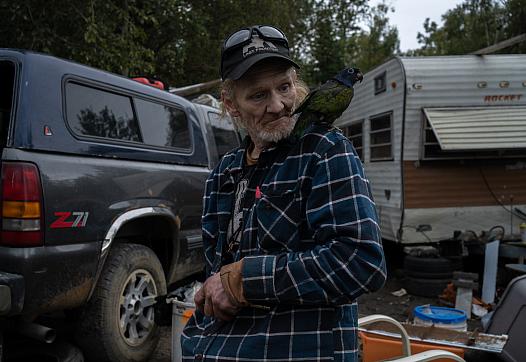 A person with a bird on their shoulder