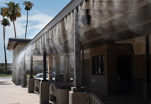 water mist at a bus station