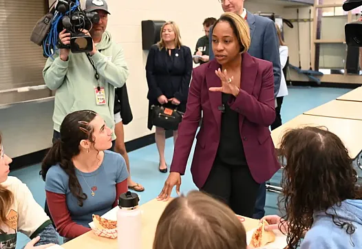 Attorney General Andrea Joy Campbell talks with Ipswich High School students