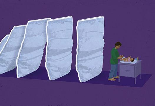 Illustration showing a person changing baby's diaper and huge diapers behind the person falling in domino effect