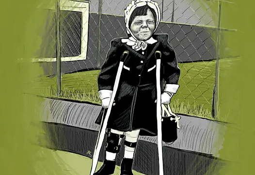 A person wearing a headscarf, dark coat, and medical leg braces stands on crutches in front of a wire fence and a grassy area, holding a small handbag