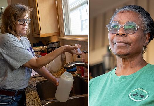 Two people, left filling water, right, a candid picture