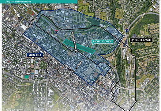 Satellite image of the Project Area in Jackson Ward with the Study Area to the left and 1871 Political Ward on the right.