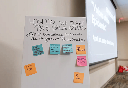 Board with multiple stickies with text written on them with a projector screen in the background