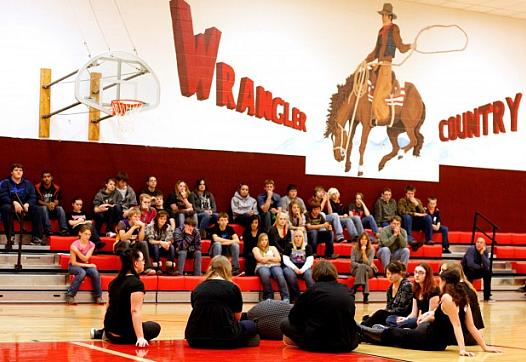 Students from Miles City High School present a performance of "Let's Talk" to high school students at Rosebud Public School in November. The student-produced drama is designed to help audiences be more aware of the signs of suicide. 