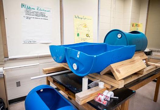 A larger aquaponics system is under construction in the back of the Western Middle classroom using donated barrels. Jan. 17, 201