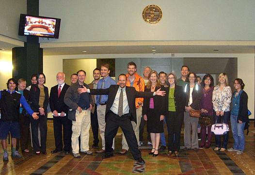 After the unanimous passage of Safe and Healthy Streets, Bogart celebrates with staff and supporters.