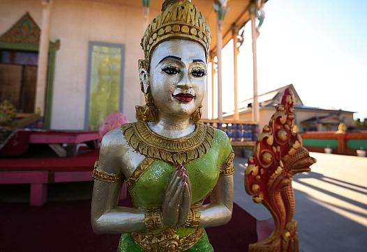 A statue of an Apsara, or female celestial figure featured prominently in Cambodian mythology. Captured at the Cambodian Buddhis