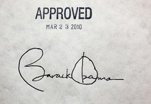 President Barack Obama's signature on the health insurance reform bill at the White House, March 23, 2010. (Official White House Photo by Chuck Kennedy)