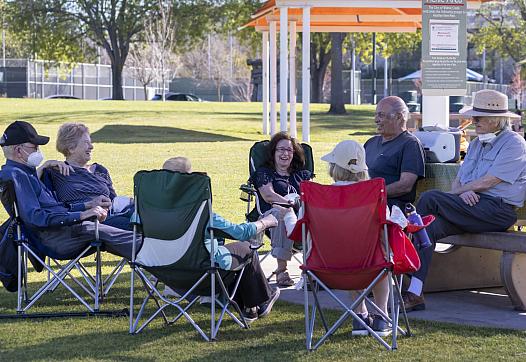 A group of seniors from Oakland and Walnut Creek hangs out at Heather Farm Park in Walnut Creek, Calif., on Feb. 10, 2022.