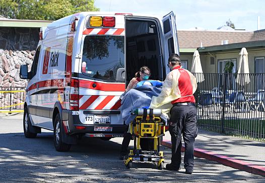 A senior is transferred into a nursing home in Hayward, California on April 10, 2020.