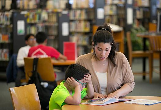 Cristine Pagan helps her son Dean with reading homework at a local library. When Dean started first grade at Comly Elementary la