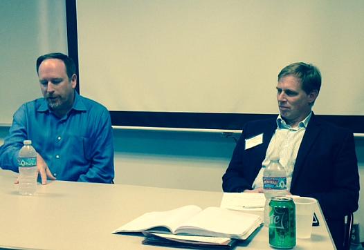 From left, Michael Wilkening, undersecretary of California’s Health and Human Services Agency, and Andy Krackov, associate director of external engagement for the California HealthCare Foundation, talk data.