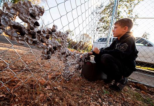 Levi Lundy reflects beside recovered molten metal from his father's truck, which melted in the Camp Fire in Paradise, Calif.