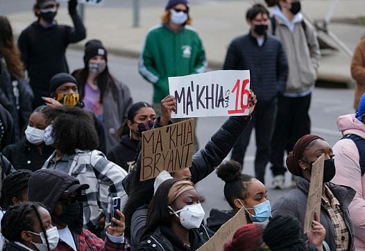 Students and demonstrators march to protest the killing of MaKhia Bryant, 16, by the Columbus Police Department