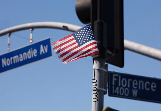 The intersection of Florence and Normandie in Los Angeles, a flashpoint for the 1992 riots sparked by the police acquittals in t