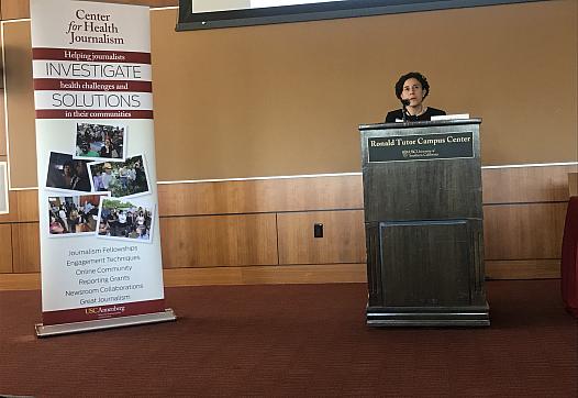 Natalie Slopen, an epidemiologist at the University of Maryland in College Park, talks to journalists at the 2018 National Fello