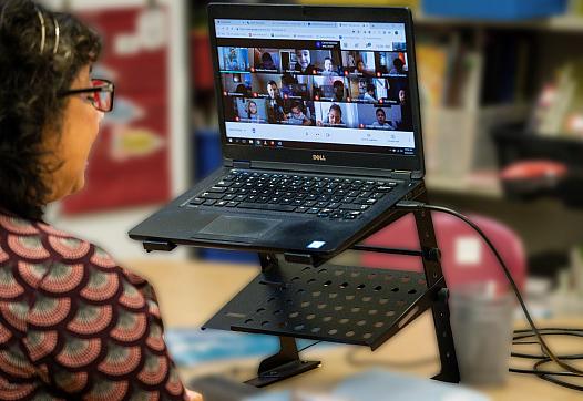 Olga Contreras teaches students remotely from her classroom at Saucedo Scholastic Academy in Chicago in September.