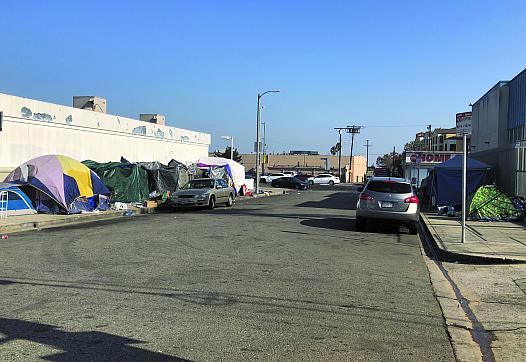 A homeless encampment on Western Avenue in Los Angeles.