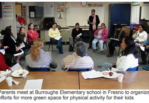 Parents meet at Burroughs Elementary School in Fresno to organize efforts for more green space for physical activity for their k