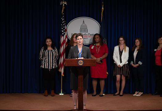 Pennsylvania Human Services Secretary Teresa Miller speaks at a press conference highlighting Keystone Education Yields Success,